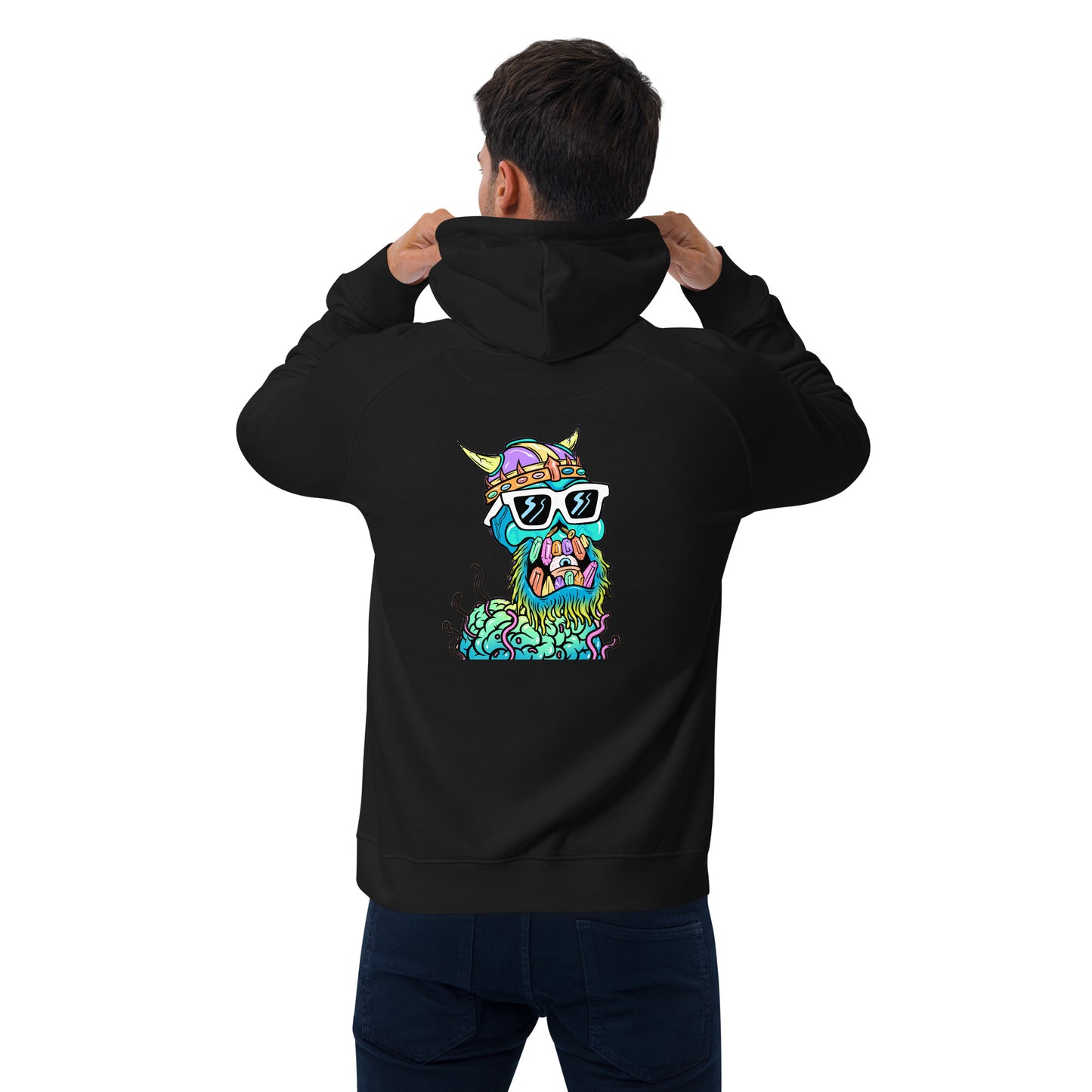 Unisex eco raglan hoodie feat. Toxic Skulls Club #9111 (front logo-QRcode / Rear Print)