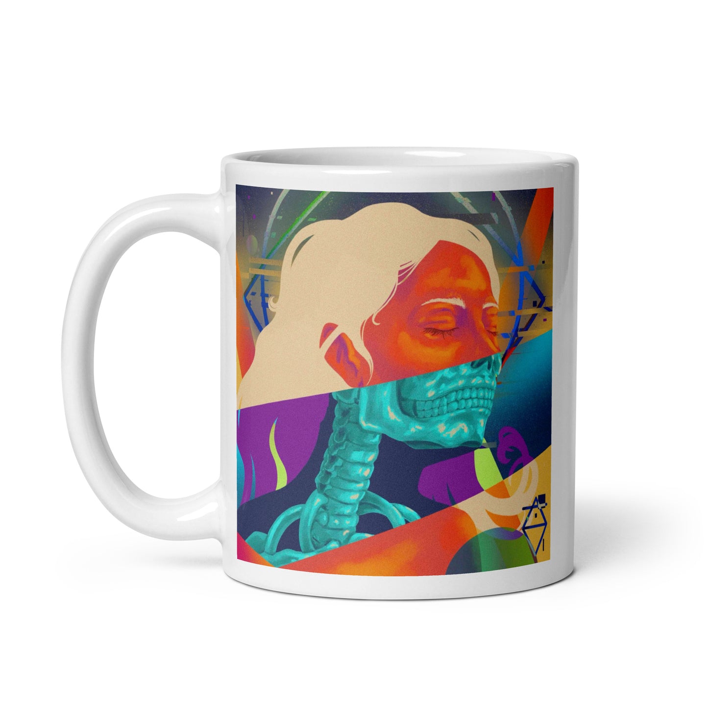 White glossy mug feat. Dissociation by Aislandart