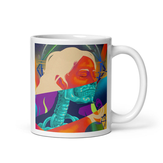 White glossy mug feat. Dissociation by Aislandart